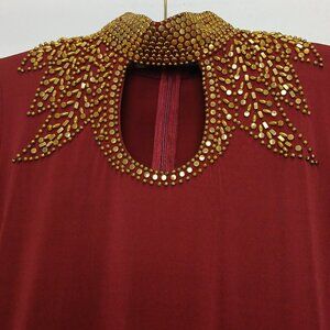 Elegant Burgundy Gold Studded High Neck Bodycon Midi Dress Sz M